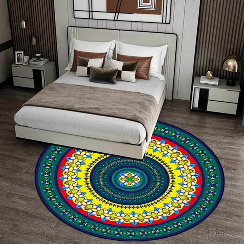 Lisslune | Classic concentrated circles pattern rug green and yellow tribal rug polyester washable non-slip back area rug for living room