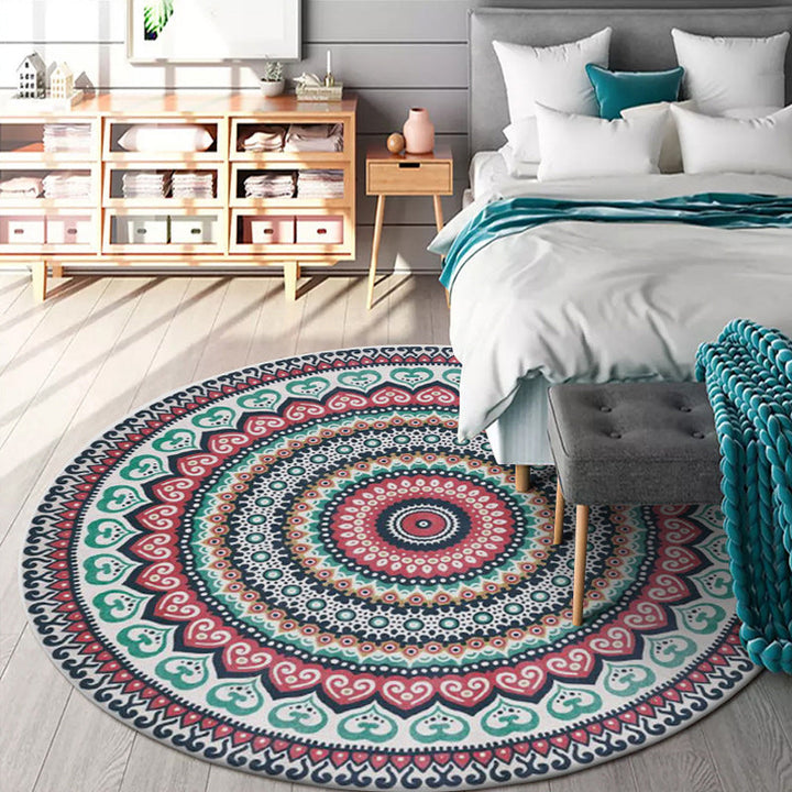 Lisslune | Red and green southwestern carpet polyester concentric circles pattern carpet washable non-slip backing carpet for living room