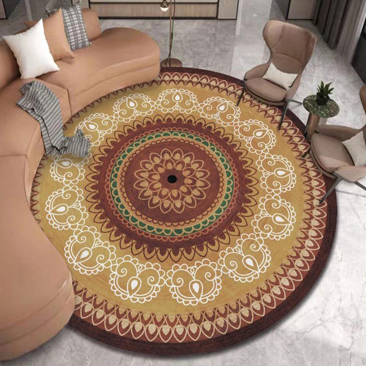 Lisslune | Vintage concentrated circles pattern rug with flowers yellow tribal rug polyester washable non-slip backing rug for the living room