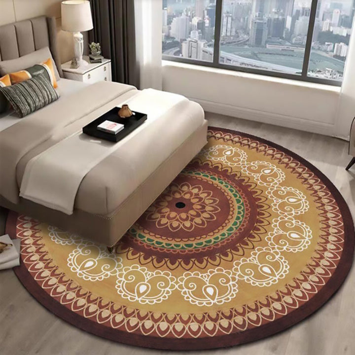 Lisslune | Vintage concentrated circles pattern rug with flowers yellow tribal rug polyester washable non-slip backing rug for the living room
