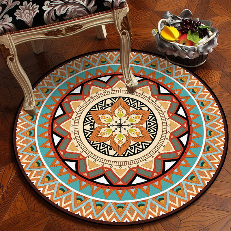 Lisslune | Traditional concentric circle patterned rug with floral orange tribal rug made of polyester washable non-slip backing rug for the living room