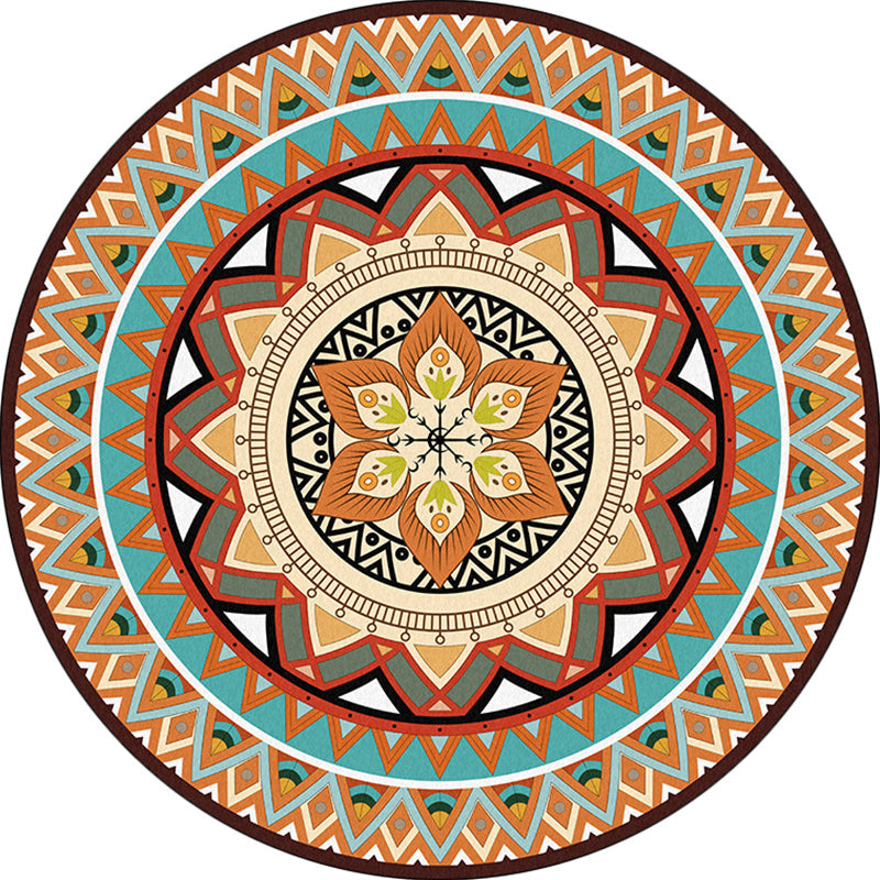 Lisslune | Traditional concentric circle patterned rug with floral orange tribal rug made of polyester washable non-slip backing rug for the living room