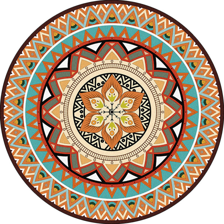 Lisslune | Traditional concentric circle patterned rug with floral orange tribal rug made of polyester washable non-slip backing rug for the living room