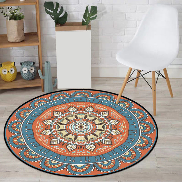 Lisslune | Americana concentric circles pattern rug with floral orange and blue tones polyester rug machine washable non-slip rug for the bedroom