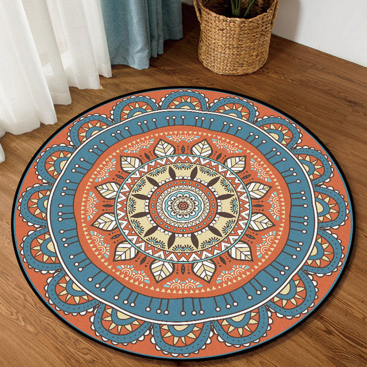 Lisslune | Americana concentric circles pattern rug with floral orange and blue tones polyester rug machine washable non-slip rug for the bedroom