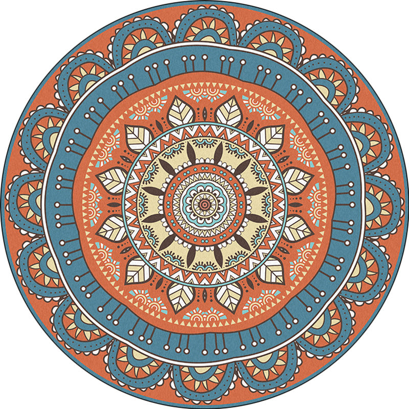 Lisslune | Americana concentric circles pattern rug with floral orange and blue tones polyester rug machine washable non-slip rug for the bedroom
