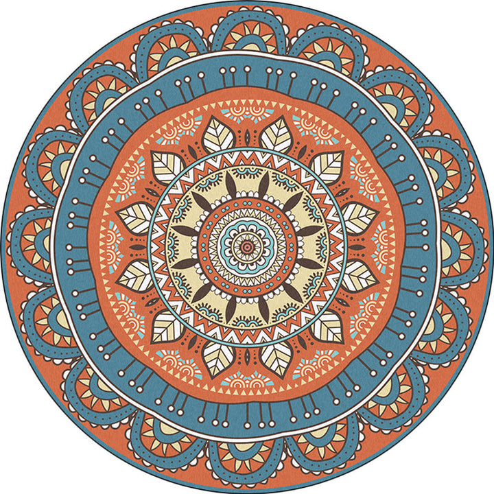 Lisslune | Americana concentric circles pattern rug with floral orange and blue tones polyester rug machine washable non-slip rug for the bedroom
