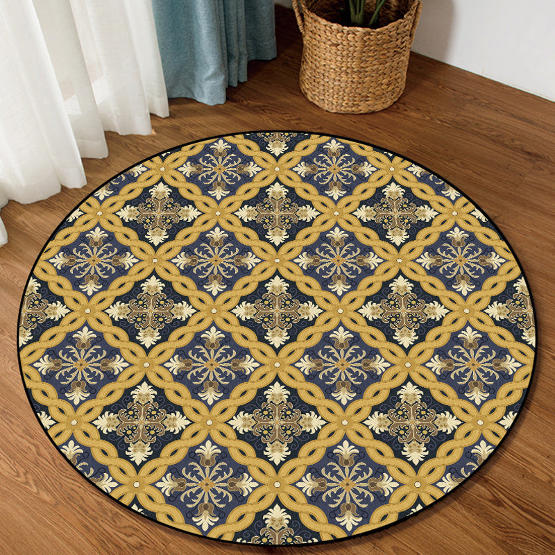 Lisslune | Yellow Moroccan Polyester Azulejo and Flower Pattern Rug washable non-slip backing rug for the living room