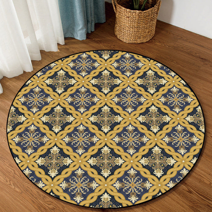 Lisslune | Yellow Moroccan Polyester Azulejo and Flower Pattern Rug washable non-slip backing rug for the living room
