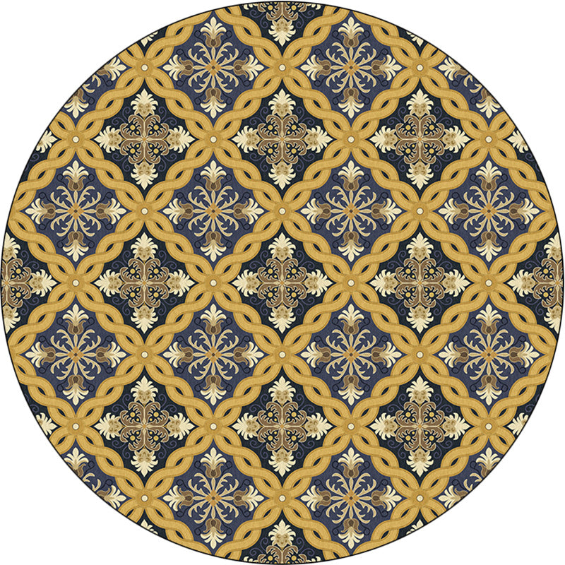 Lisslune | Yellow Moroccan Polyester Azulejo and Flower Pattern Rug washable non-slip backing rug for the living room