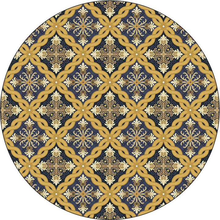 Lisslune | Yellow Moroccan Polyester Azulejo and Flower Pattern Rug washable non-slip backing rug for the living room