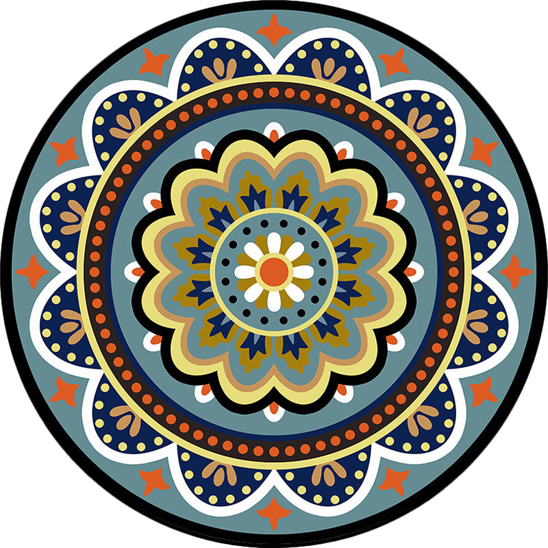 Lisslune | Classic floral pattern carpet blue tribal carpet polyester washable non-slip backing carpet for the living room