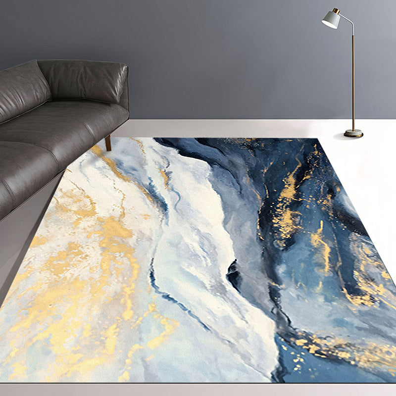 Lisslune | Blue and Gold Bedroom Carpet Modern Abstract Cloud Pattern Area Rug Polyester Non-Slip Washable Rug