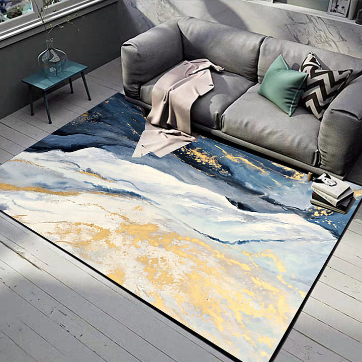 Lisslune | Blue and Gold Bedroom Carpet Modern Abstract Cloud Pattern Area Rug Polyester Non-Slip Washable Rug