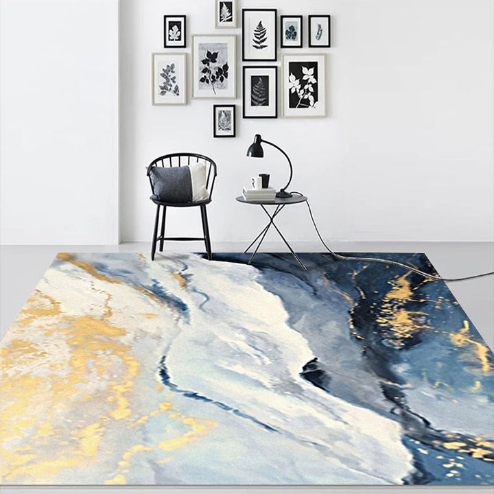 Lisslune | Blue and Gold Bedroom Carpet Modern Abstract Cloud Pattern Area Rug Polyester Non-Slip Washable Rug