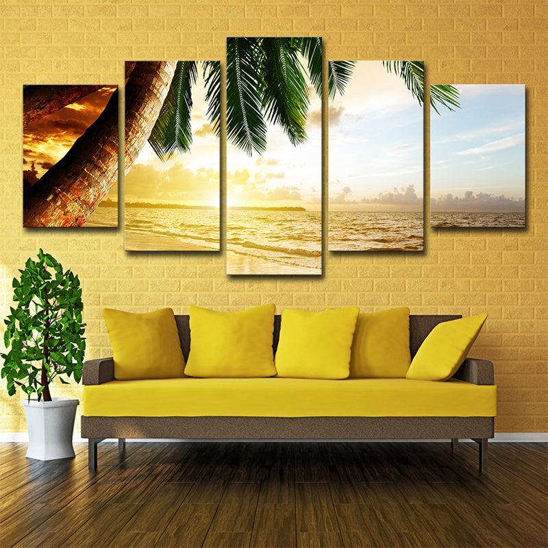 Lisslune | Beach Palm Tree Canvas Art Tropix Beautiful Sunset over the Sea Scene Wall Decoration in Gold