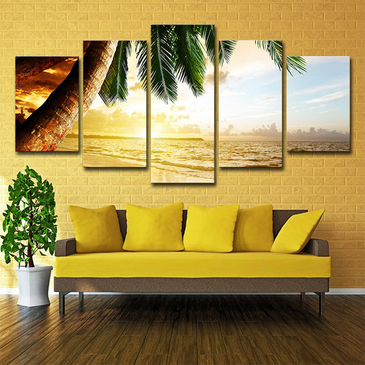 Lisslune | Beach Palm Tree Canvas Art Tropix Beautiful Sunset over the Sea Scene Wall Decoration in Gold