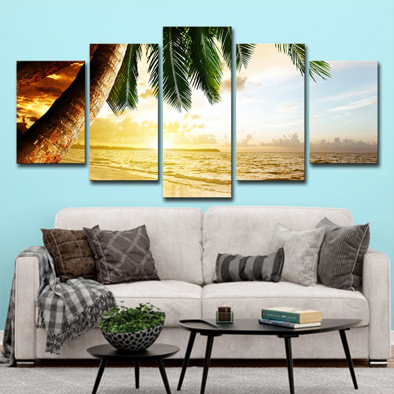 Lisslune | Beach Palm Tree Canvas Art Tropix Beautiful Sunset over the Sea Scene Wall Decoration in Gold