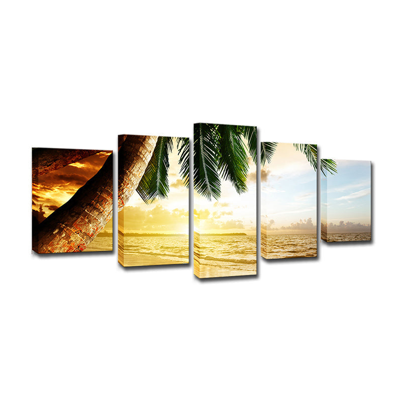 Lisslune | Beach Palm Tree Canvas Art Tropix Beautiful Sunset over the Sea Scene Wall Decoration in Gold
