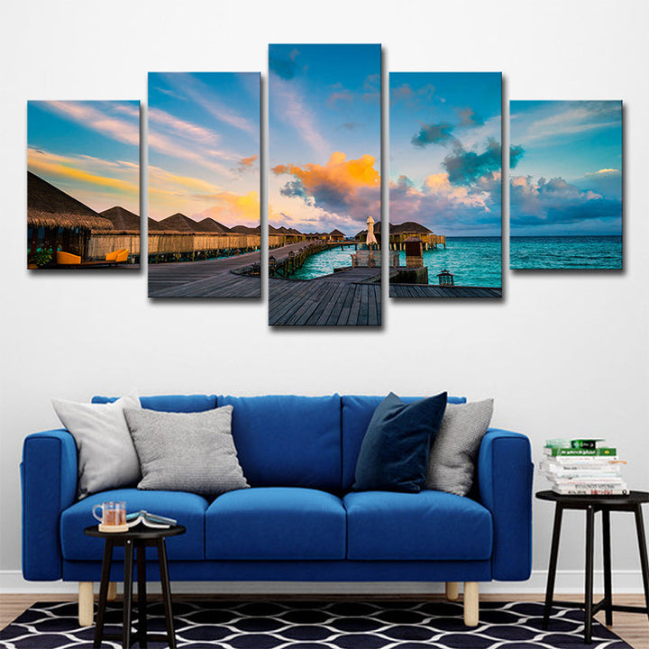 Lisslune | Maldives Sunset View Wall Art Multi-part Tropical Hotel Canvas Print in Blue