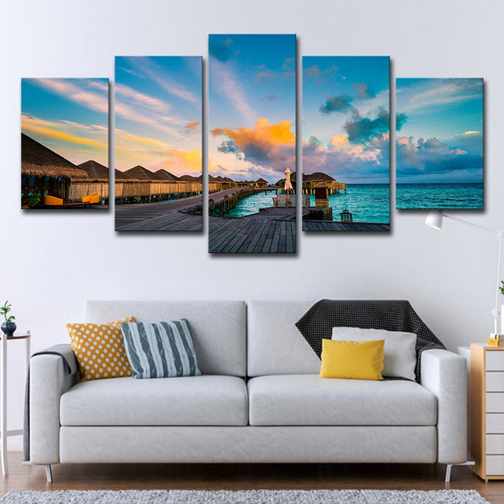 Lisslune | Maldives Sunset View Wall Art Multi-part Tropical Hotel Canvas Print in Blue