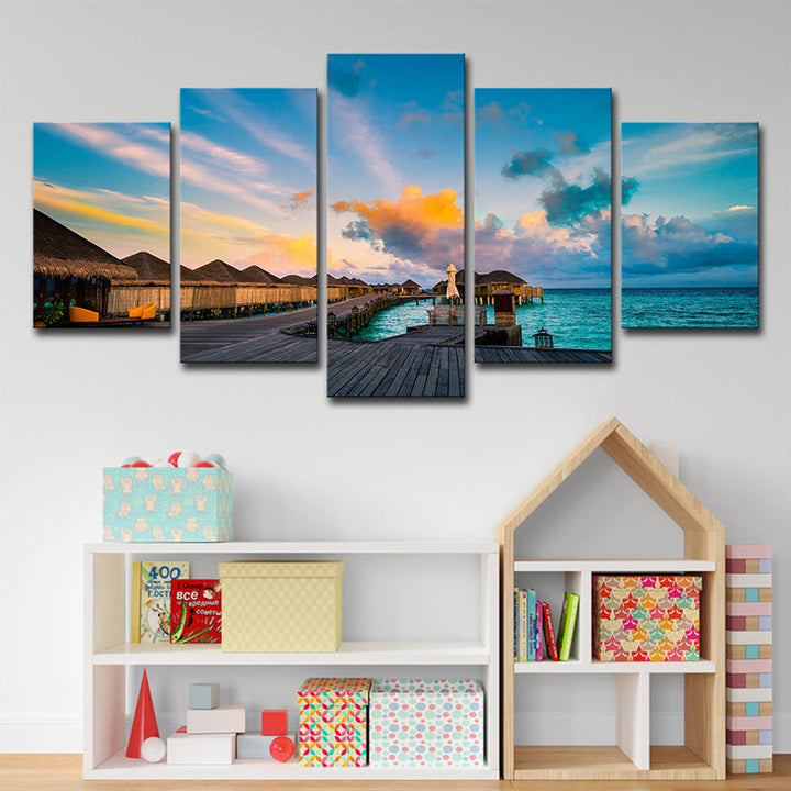 Lisslune | Maldives Sunset View Wall Art Multi-part Tropical Hotel Canvas Print in Blue