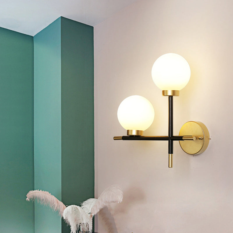 Lisslune | 2-Bulb Frosted Glass Wall Light Modern Black Double Sphere Living Room Wall Lamp with Cross Design