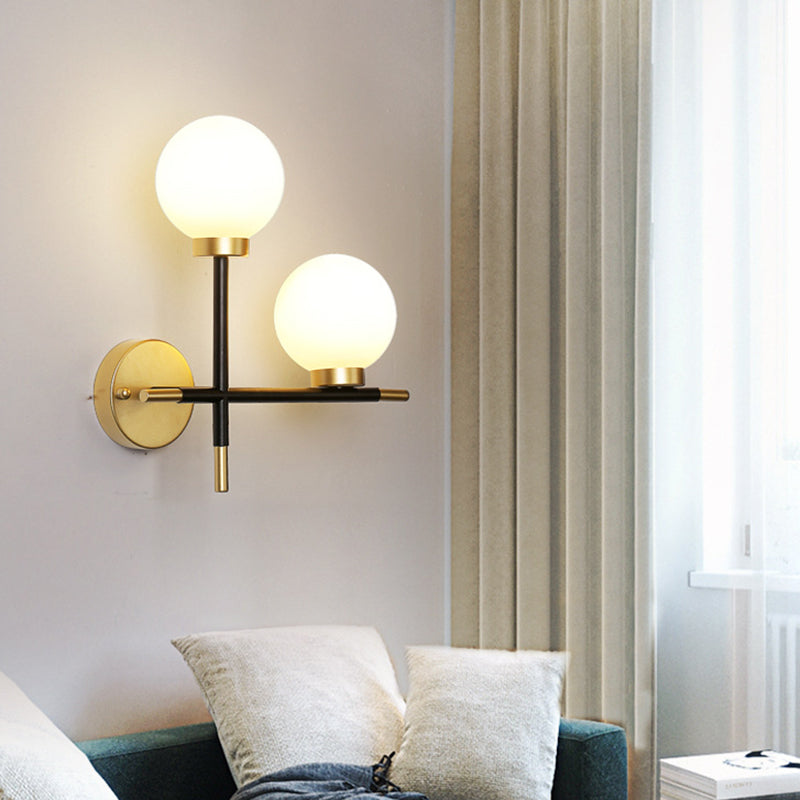 Lisslune | 2-Bulb Frosted Glass Wall Light Modern Black Double Sphere Living Room Wall Lamp with Cross Design