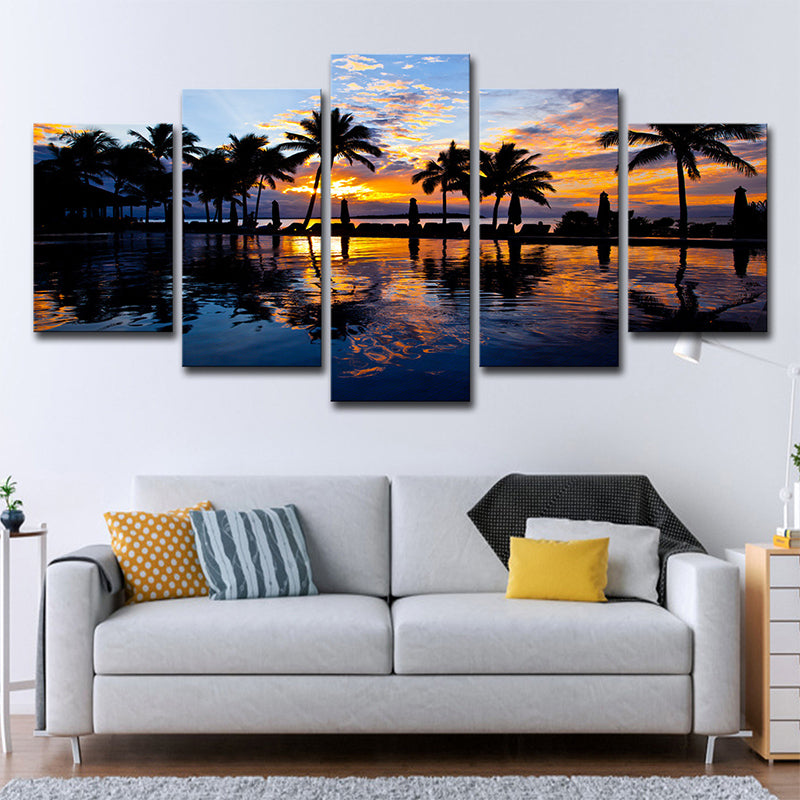 Lisslune | Tropix Sunset Glow Wall Decoration Print in Orange Palm and Pool Canvas for Room