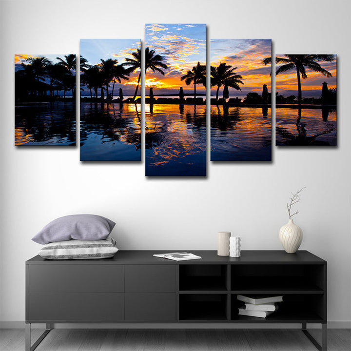 Lisslune | Tropix Sunset Glow Wall Decoration Print in Orange Palm and Pool Canvas for Room