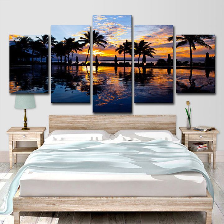 Lisslune | Tropix Sunset Glow Wall Decoration Print in Orange Palm and Pool Canvas for Room