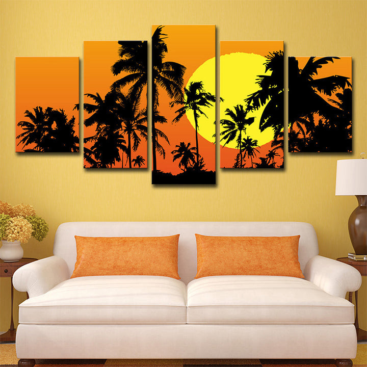 Lisslune | Tropical Wall Decoration Orange Large Moon Behind Coconut Trees Canvas Print for Home