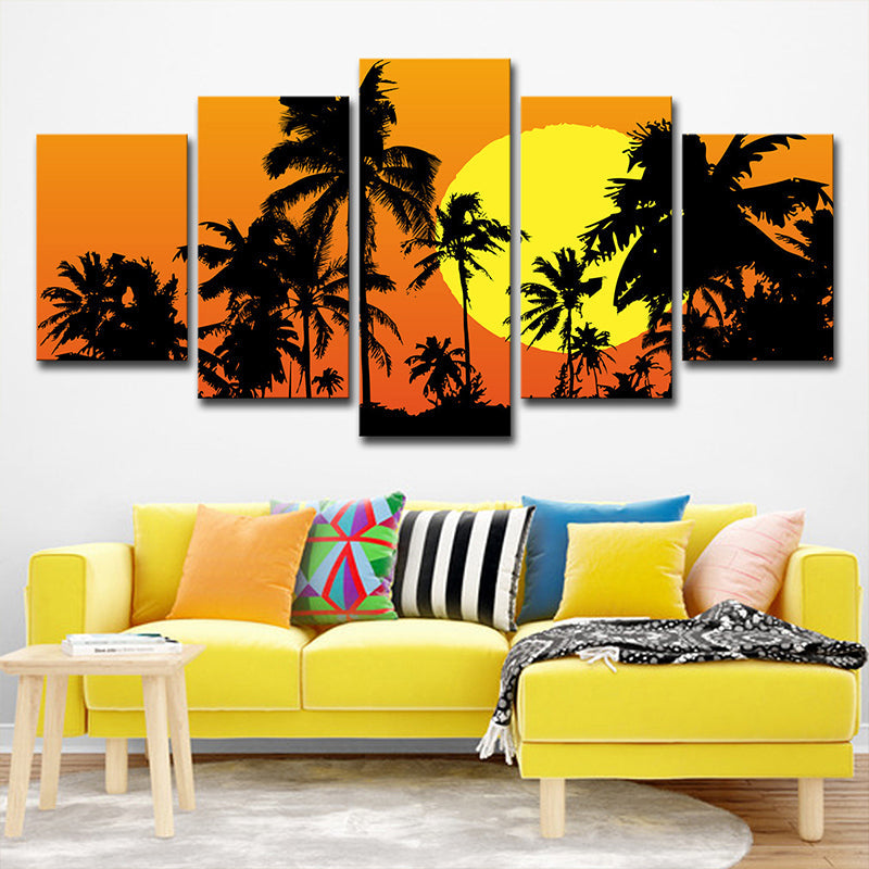 Lisslune | Tropical Wall Decoration Orange Large Moon Behind Coconut Trees Canvas Print for Home
