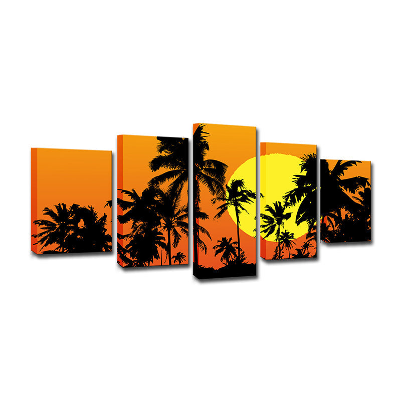 Lisslune | Tropical Wall Decoration Orange Large Moon Behind Coconut Trees Canvas Print for Home