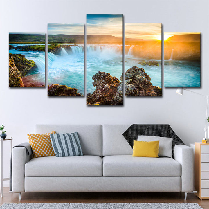 Lisslune | Great Island Cascades Canvas Art Home Interior Sunset Landscape Wall Decor in Blue