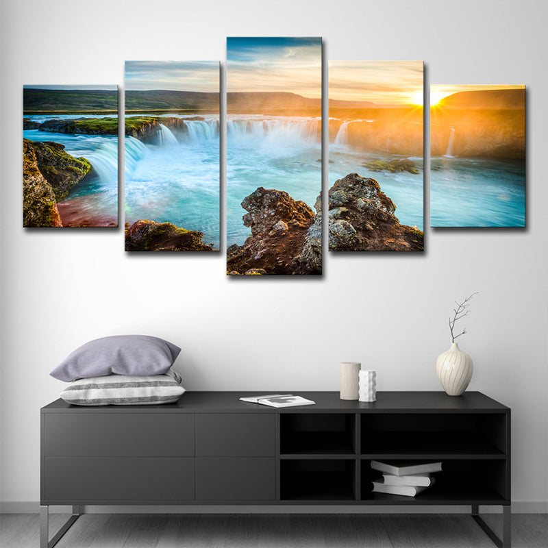 Lisslune | Great Island Cascades Canvas Art Home Interior Sunset Landscape Wall Decor in Blue