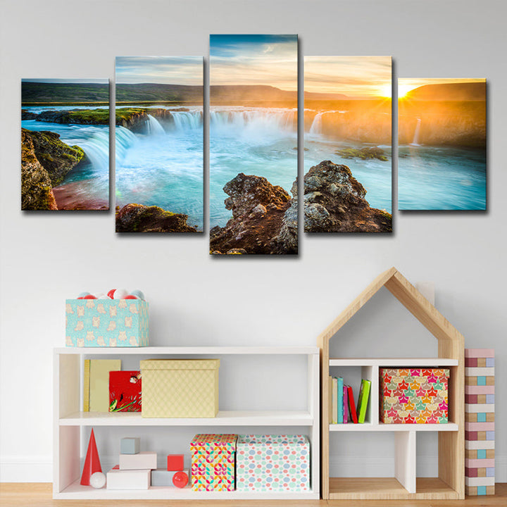 Lisslune | Great Island Cascades Canvas Art Home Interior Sunset Landscape Wall Decor in Blue
