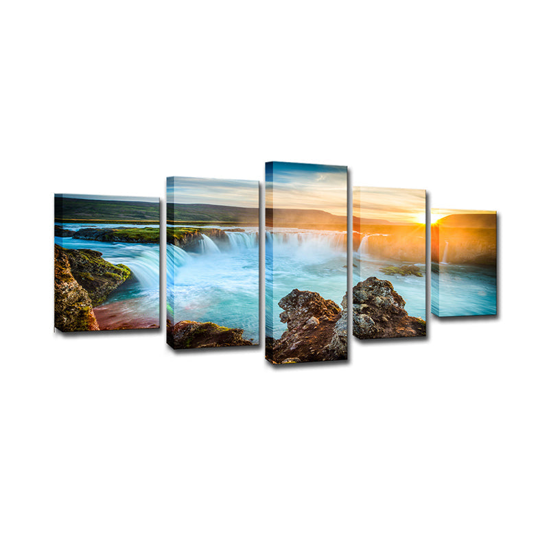Lisslune | Great Island Cascades Canvas Art Home Interior Sunset Landscape Wall Decor in Blue