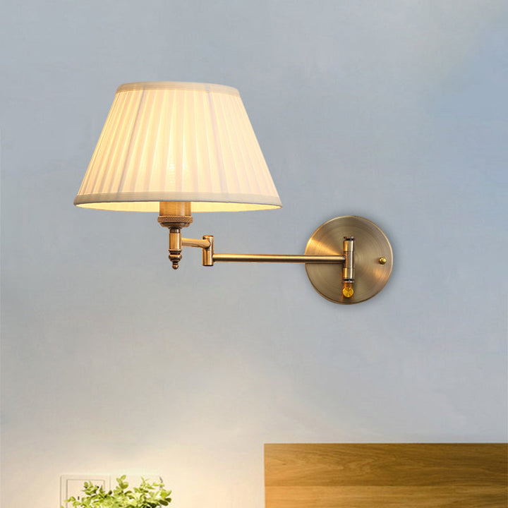 Skørter | Fabric Beige Wall Lamp Pleated Cone One Head Country Foldable Wall Mount Light with Swing Arm