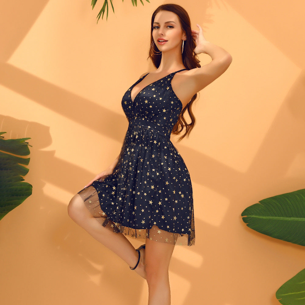 Women's summer dress with deep V-neck and delicate star pattern
