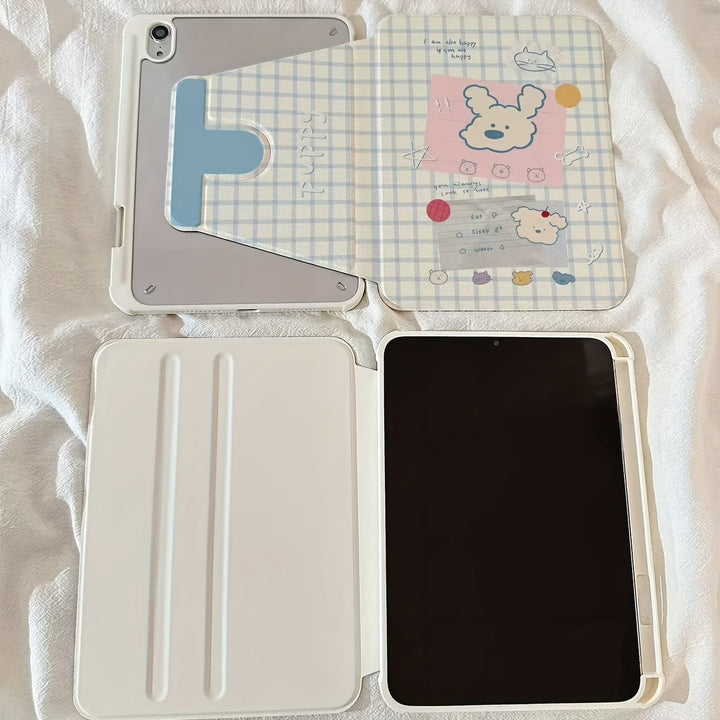 Lisslune | 1pc Cartoon Puppy Weißes Plaid Tablet Hülle für iPad Air11 2025/10.9/Air4/5/6/10.2/Pro 11/A16*10. Generation/9.7/10.5 Kann Schlafen/Wachen