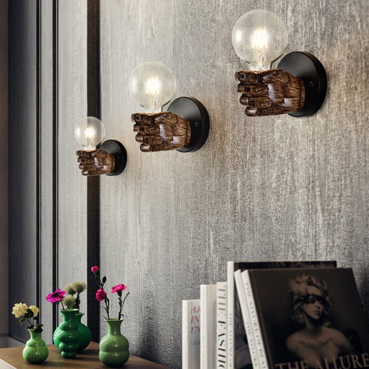 Lisslune | Brown Hand Wall Lamp Single Light Retro Wood Wall Lamp with Globe Bulb for Hallway