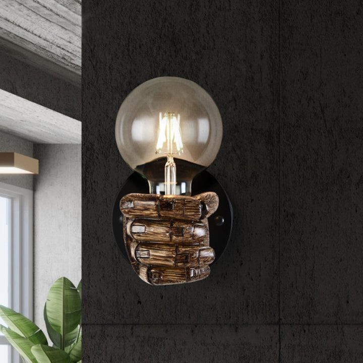 Lisslune | Brown Hand Wall Lamp Single Light Retro Wood Wall Lamp with Globe Bulb for Hallway
