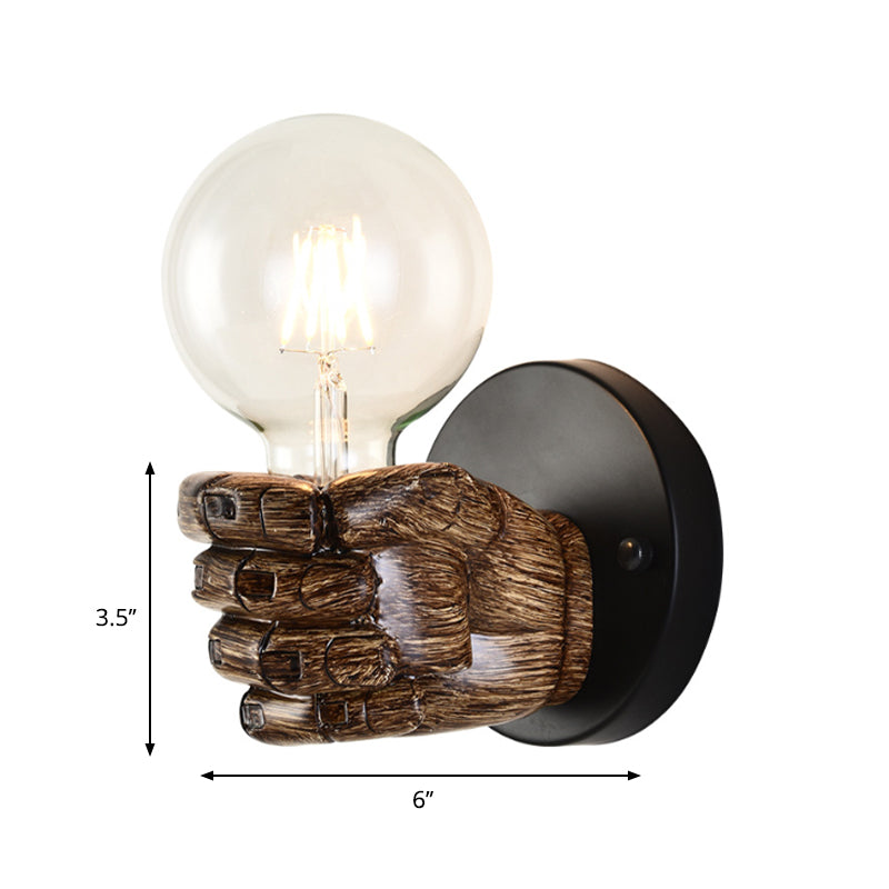 Lisslune | Brown Hand Wall Lamp Single Light Retro Wood Wall Lamp with Globe Bulb for Hallway