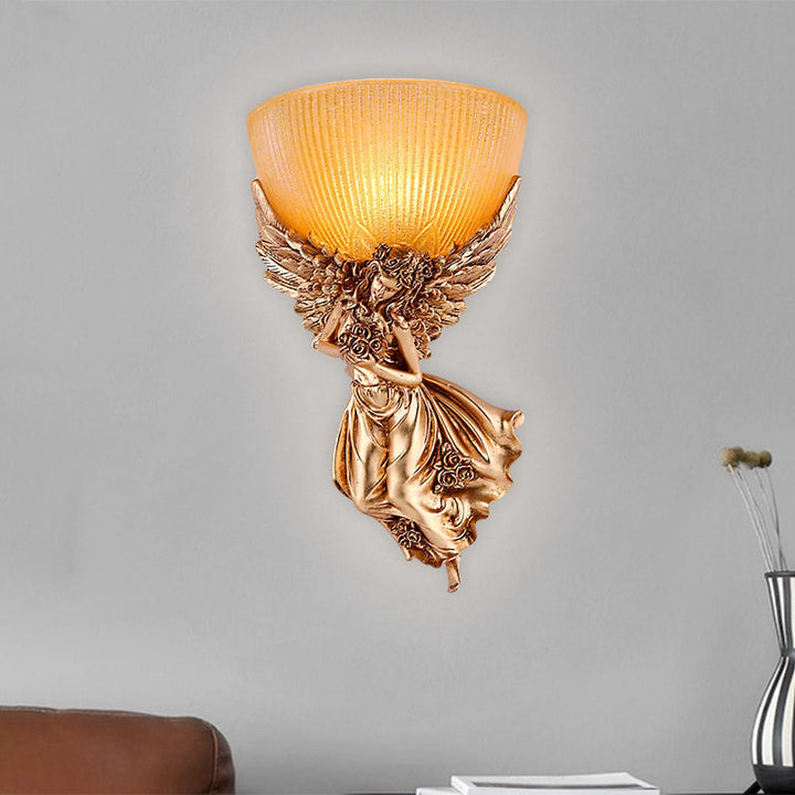 Skørter | Single Bulb Angel Wall Light Rustic Gold Resin Wall Mounted Lamp with Amber Fluted Glass Shade, Right