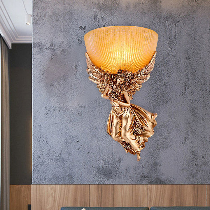 Skørter | Single Bulb Angel Wall Light Rustic Gold Resin Wall Mounted Lamp with Amber Fluted Glass Shade, Right