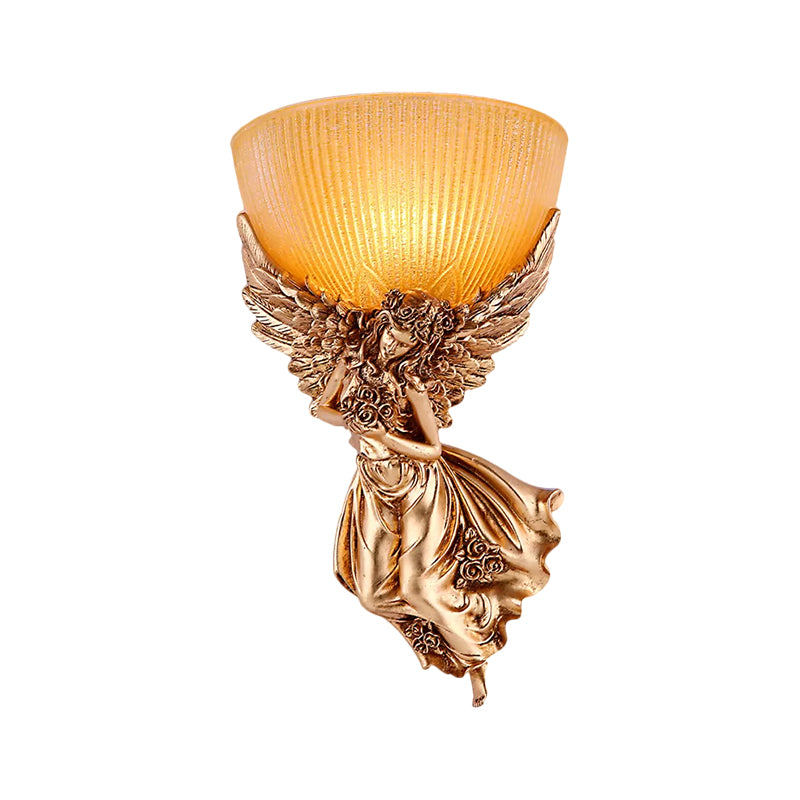 Skørter | Single Bulb Angel Wall Light Rustic Gold Resin Wall Mounted Lamp with Amber Fluted Glass Shade, Right