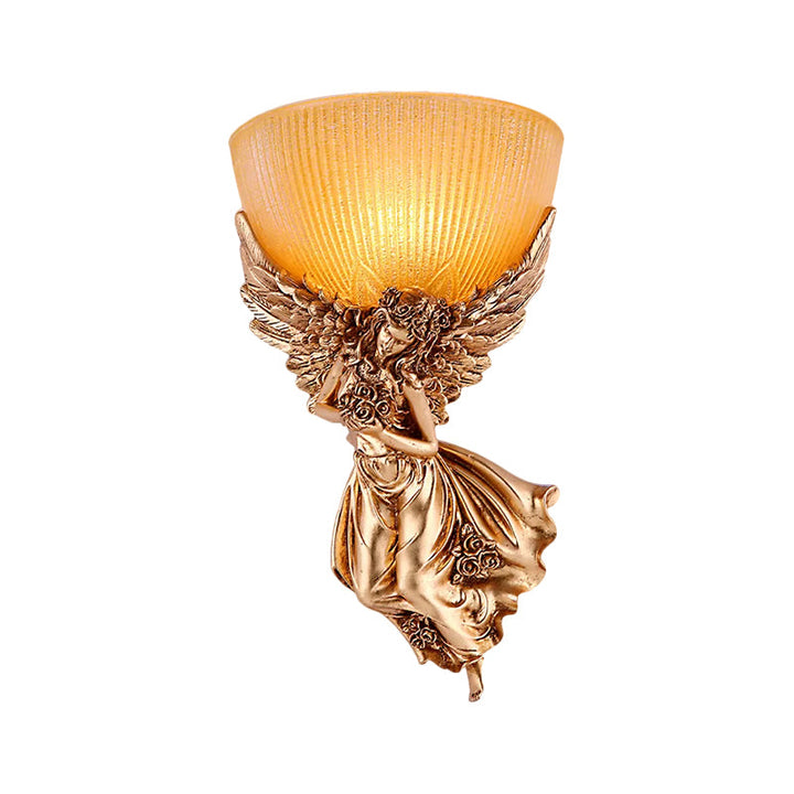 Skørter | Single Bulb Angel Wall Light Rustic Gold Resin Wall Mounted Lamp with Amber Fluted Glass Shade, Right
