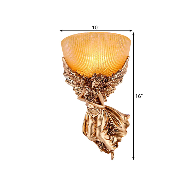Skørter | Single Bulb Angel Wall Light Rustic Gold Resin Wall Mounted Lamp with Amber Fluted Glass Shade, Right