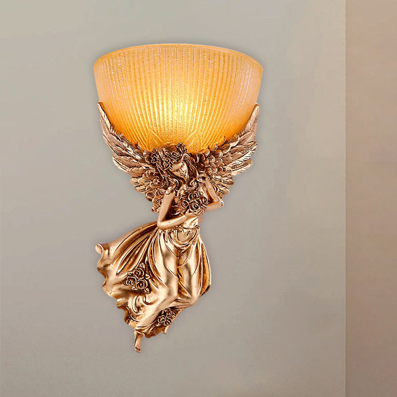 Skørter | Single Bulb Angel Wall Light Rustic Gold Resin Wall Mounted Lamp with Amber Fluted Glass Shade, Right